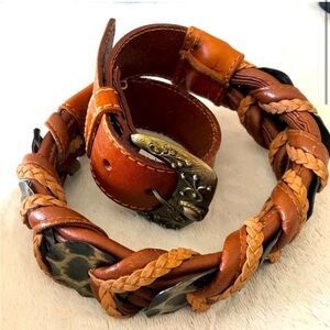 VINTAGE HANDMADE Braided Leather Belt with Metal Accents